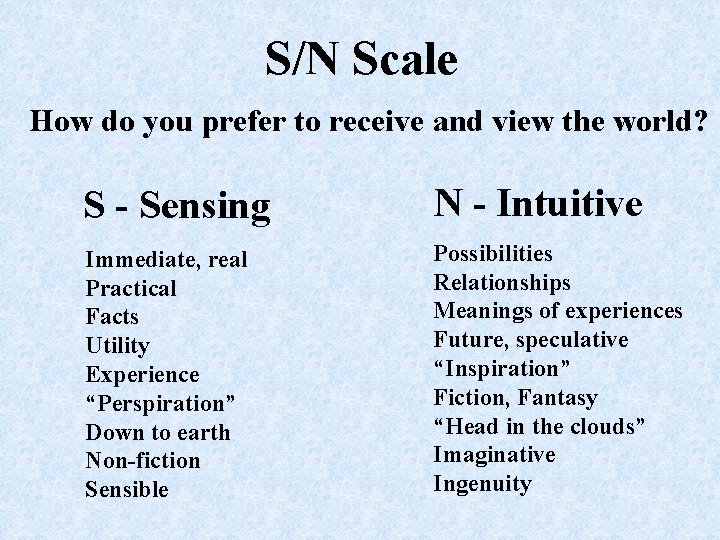 S/N Scale How do you prefer to receive and view the world? S -