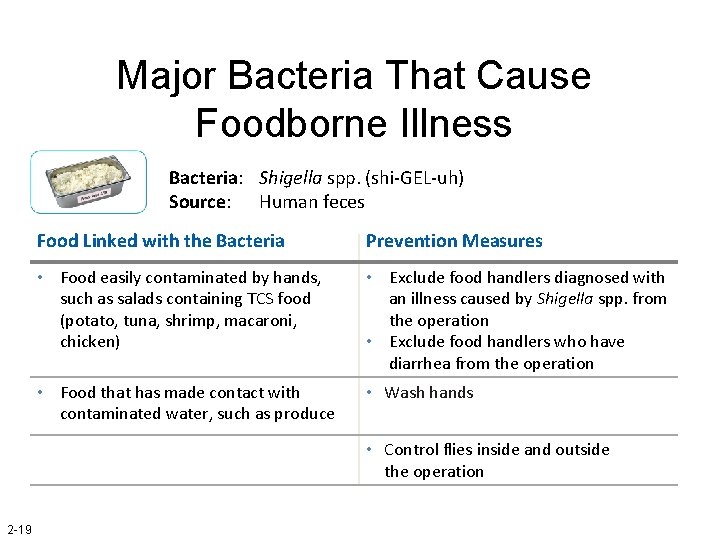 Major Bacteria That Cause Foodborne Illness Bacteria: Shigella spp. (shi-GEL-uh) Source: Human feces Food