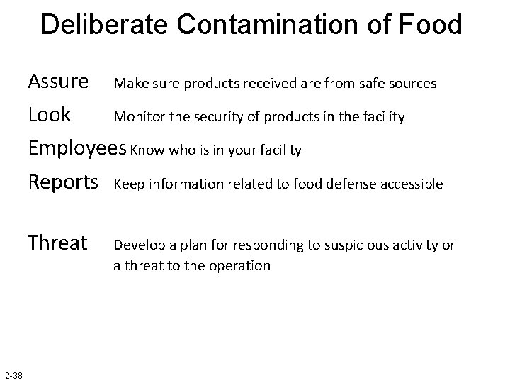 Deliberate Contamination of Food Assure Make sure products received are from safe sources Look
