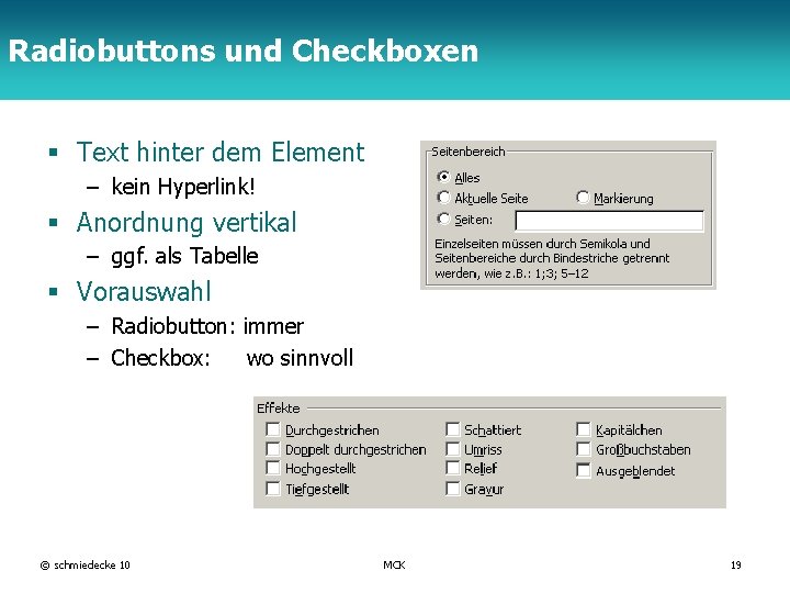 Radiobuttons und Checkboxen TFH Berlin § Text hinter dem Element – kein Hyperlink! §