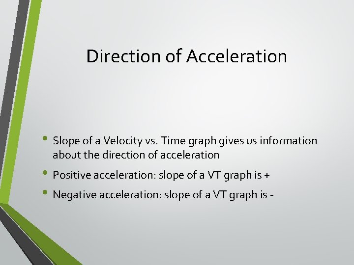 Direction of Acceleration • Slope of a Velocity vs. Time graph gives us information