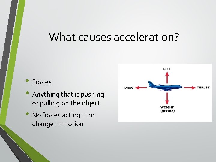 What causes acceleration? • Forces • Anything that is pushing or pulling on the
