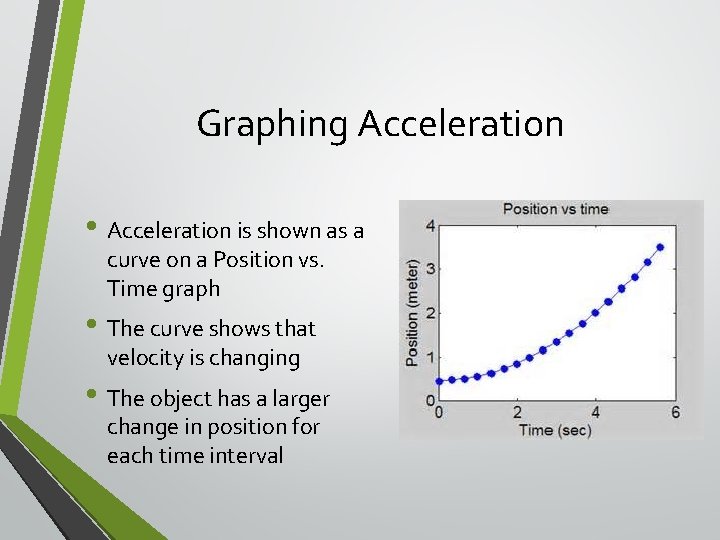 Graphing Acceleration • Acceleration is shown as a curve on a Position vs. Time