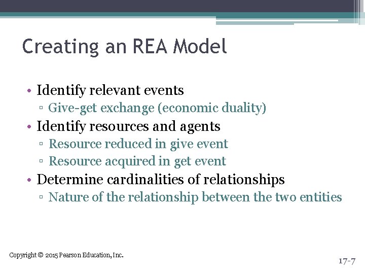 Creating an REA Model • Identify relevant events ▫ Give-get exchange (economic duality) • Creating an REA Model • Identify relevant events ▫ Give-get exchange (economic duality) •