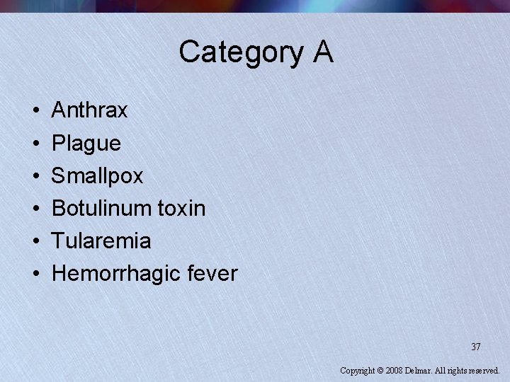 Category A • • • Anthrax Plague Smallpox Botulinum toxin Tularemia Hemorrhagic fever 37