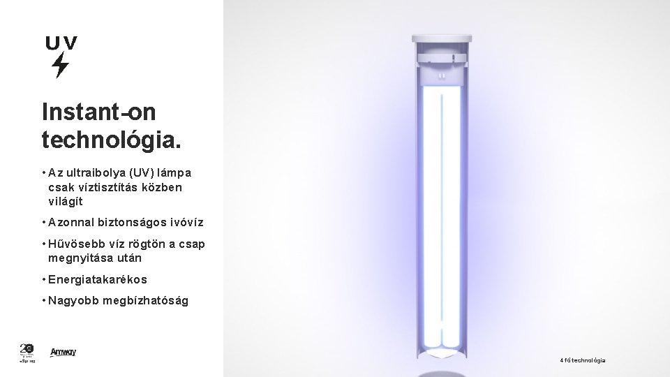 Instant-on technológia. • Az ultraibolya (UV) lámpa csak víztisztítás közben világít • Azonnal biztonságos
