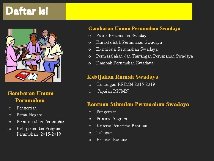 Daftar isi Gambaran Umum Perumahan Swadaya o o o Posisi Perumahan Swadaya Karakteristik Perumahan