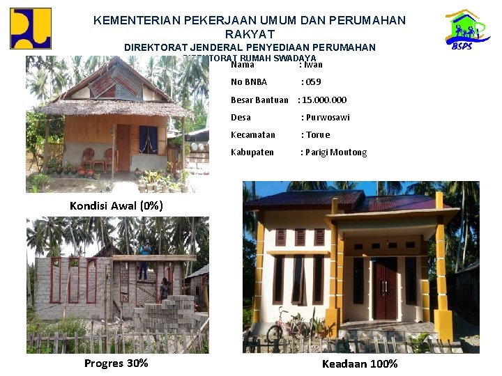 KEMENTERIAN PEKERJAAN UMUM DAN PERUMAHAN RAKYAT DIREKTORAT JENDERAL PENYEDIAAN PERUMAHAN DIREKTORAT RUMAH SWADAYA Nama