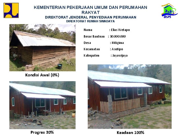 KEMENTERIAN PEKERJAAN UMUM DAN PERUMAHAN RAKYAT DIREKTORAT JENDERAL PENYEDIAAN PERUMAHAN DIREKTORAT RUMAH SWADAYA Nama