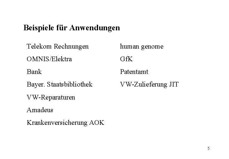 Beispiele für Anwendungen Telekom Rechnungen human genome OMNIS/Elektra Gf. K Bank Patentamt Bayer. Staatsbibliothek