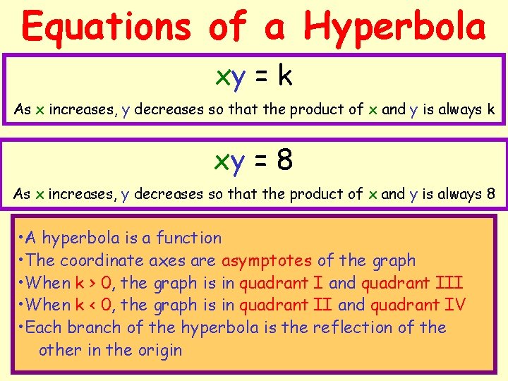 Equations of a Hyperbola xy = k As x increases, y decreases so that