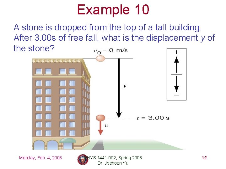 Example 10 A stone is dropped from the top of a tall building. After