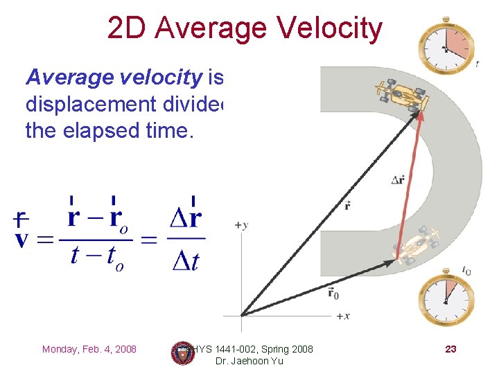 2 D Average Velocity Average velocity is the displacement divided by the elapsed time.