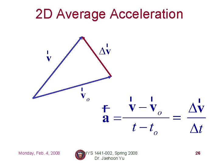 2 D Average Acceleration Monday, Feb. 4, 2008 PHYS 1441 -002, Spring 2008 Dr.