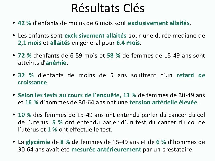 Résultats Clés • 42 % d’enfants de moins de 6 mois sont exclusivement allaités.