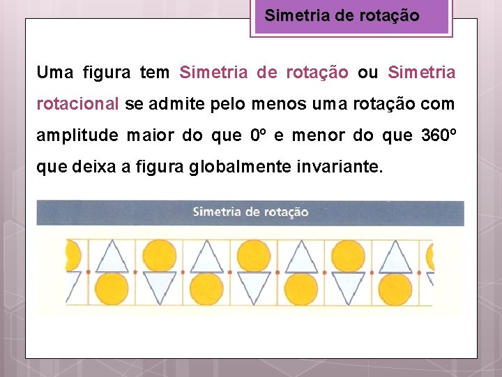 Simetria de rotação Uma figura tem Simetria de rotação ou Simetria rotacional se admite