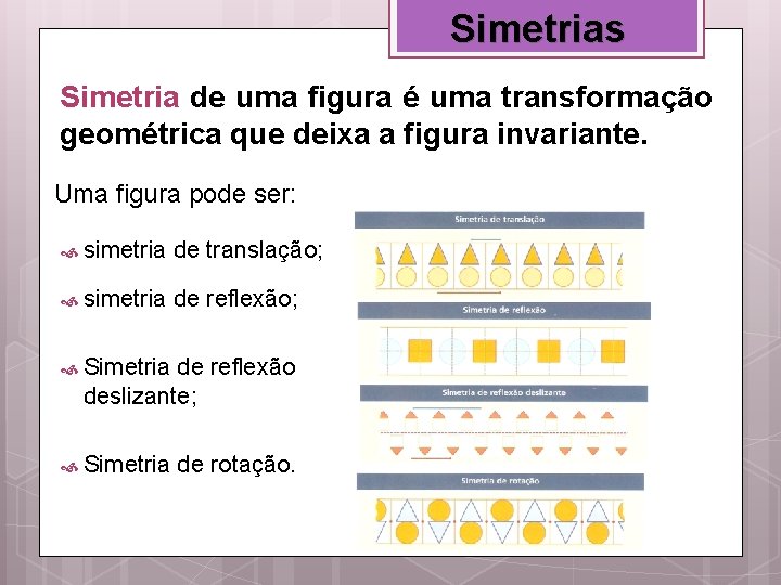 Simetrias Simetria de uma figura é uma transformação geométrica que deixa a figura invariante.