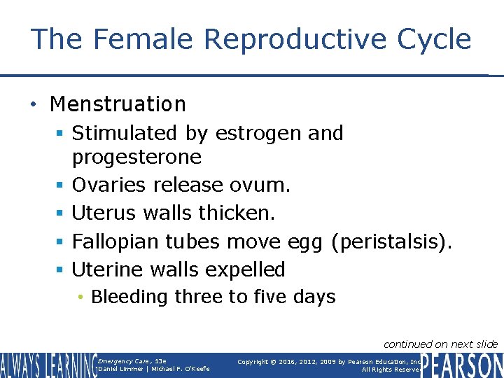 The Female Reproductive Cycle • Menstruation § Stimulated by estrogen and progesterone § Ovaries