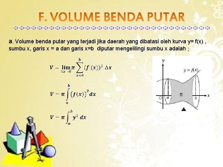 a. Volume benda putar yang terjadi jika daerah yang dibatasi oleh kurva y= f(x)
