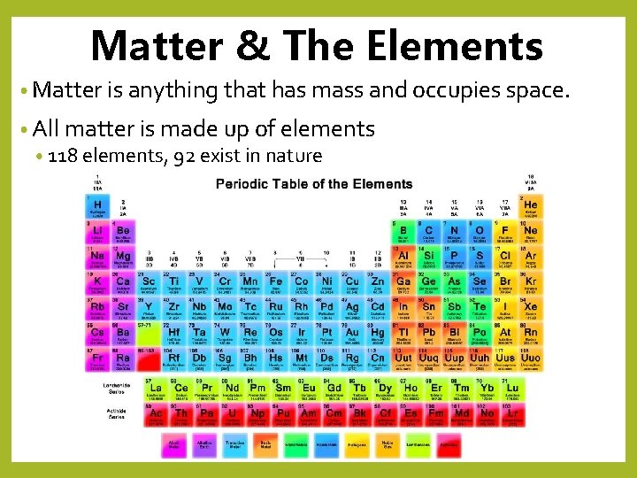 Matter & The Elements • Matter is anything that has mass and occupies space.