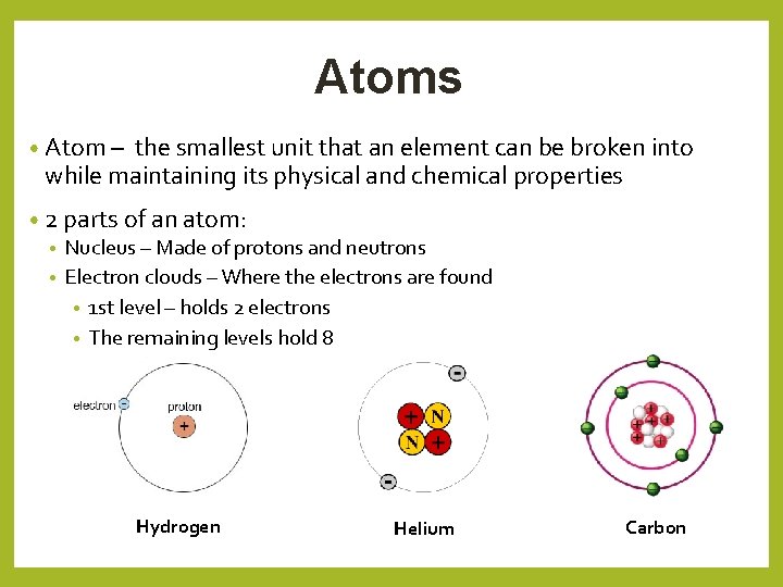 Atoms • Atom – the smallest unit that an element can be broken into