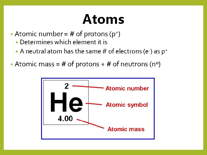 Atoms • Atomic number = # of protons (p+) • Determines which element it