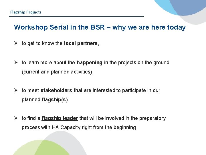 Flagship Projects Workshop Serial in the BSR – why we are here today Ø