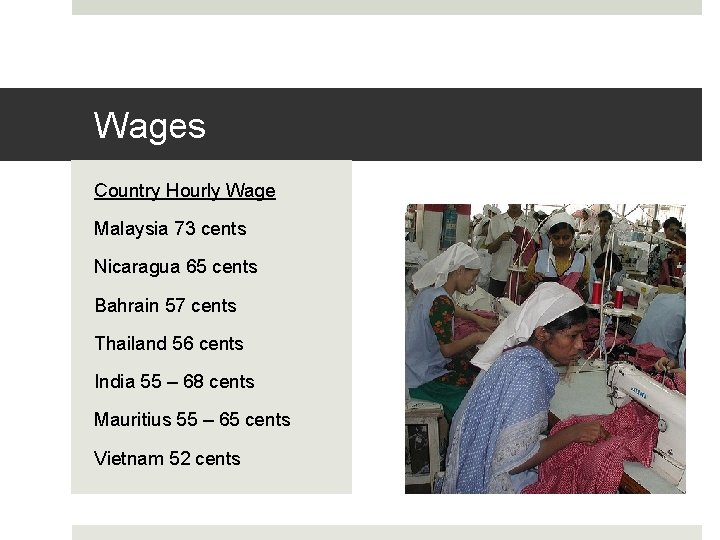 Wages Country Hourly Wage Malaysia 73 cents Nicaragua 65 cents Bahrain 57 cents Thailand