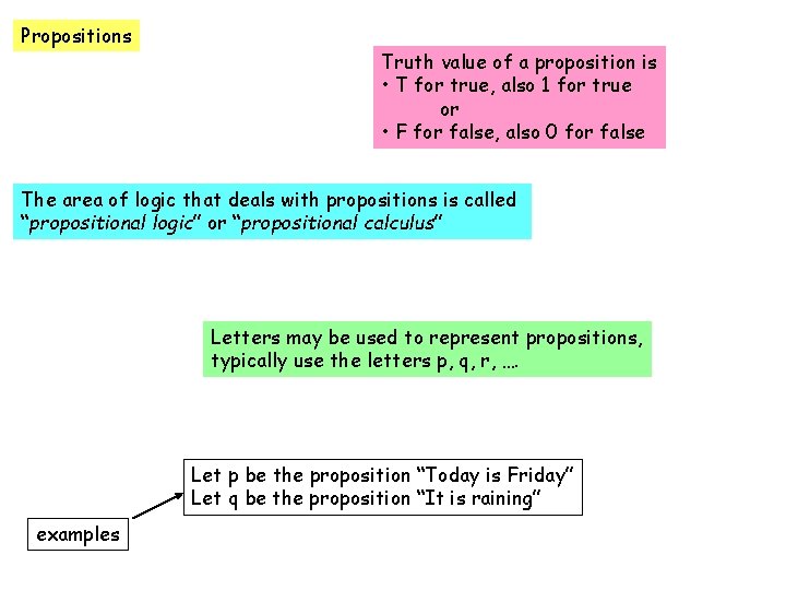 Propositions Truth value of a proposition is • T for true, also 1 for