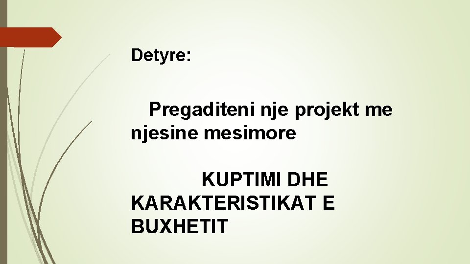 Detyre: Pregaditeni nje projekt me njesine mesimore KUPTIMI DHE KARAKTERISTIKAT E BUXHETIT 