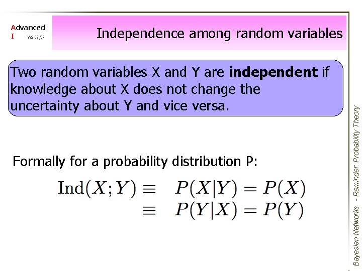 Independence among random variables Two random variables X and Y are independent if knowledge