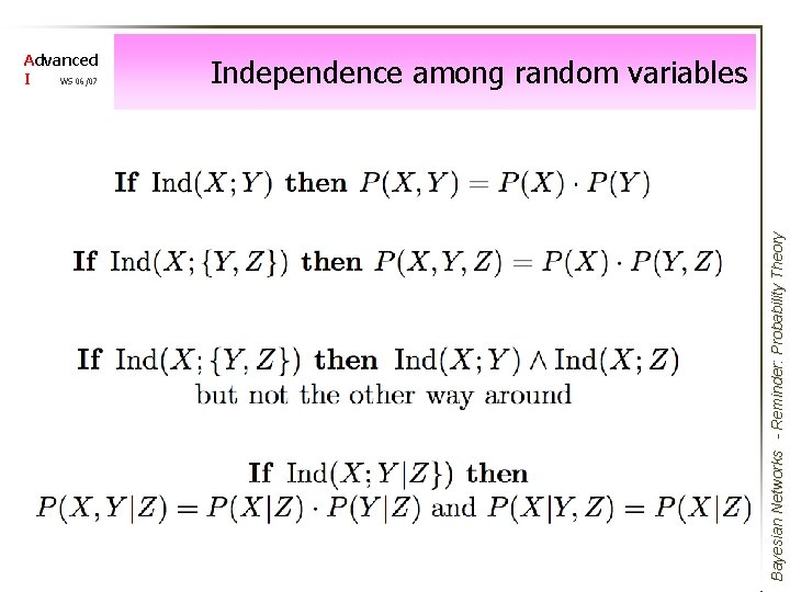 Independence among random variables Bayesian Networks - Reminder: Probability Theory Advanced I WS 06/07