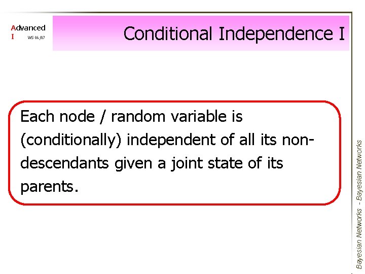 Conditional Independence I Each node / random variable is (conditionally) independent of all its