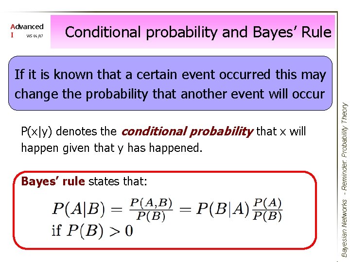 Advanced I WS 06/07 Conditional probability and Bayes’ Rule P(x|y) denotes the conditional probability