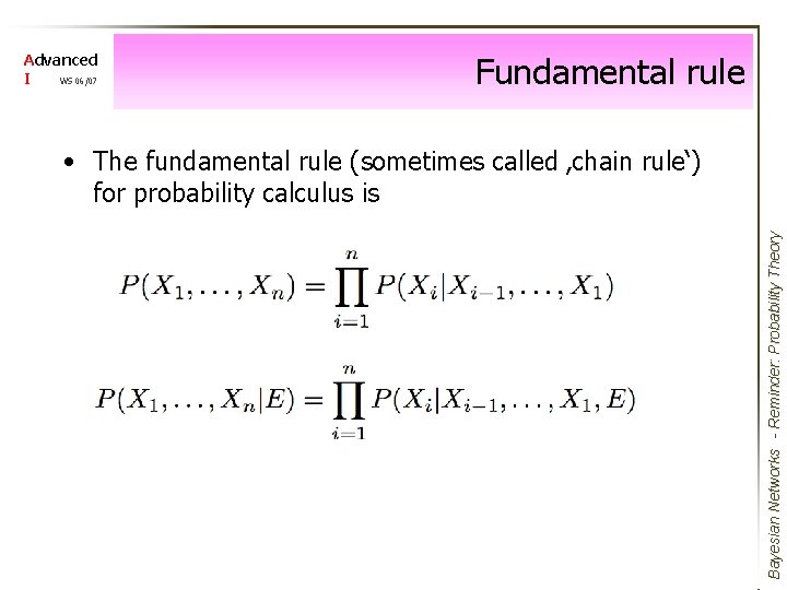 Advanced I WS 06/07 Fundamental rule Bayesian Networks - Reminder: Probability Theory • The