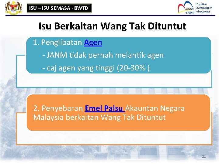 ISU – ISU SEMASA - BWTD Isu Berkaitan Wang Tak Dituntut 1. Penglibatan Agen