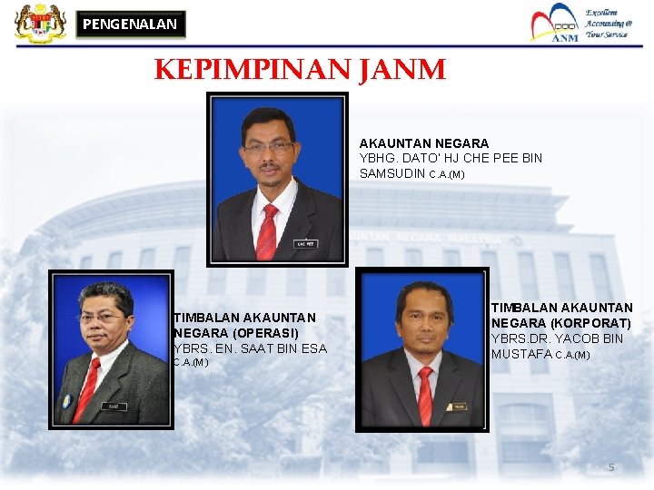 PENGENALAN KEPIMPINAN JANM AKAUNTAN NEGARA YBHG. DATO’ HJ CHE PEE BIN SAMSUDIN C. A.