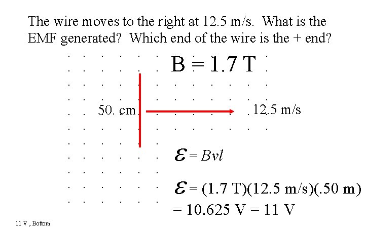 The wire moves to the right at 12. 5 m/s. What is the EMF