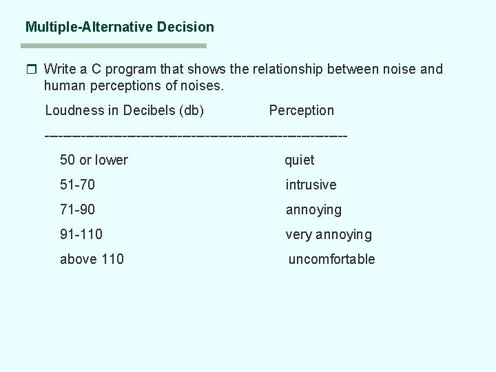 Multiple-Alternative Decision r Write a C program that shows the relationship between noise and