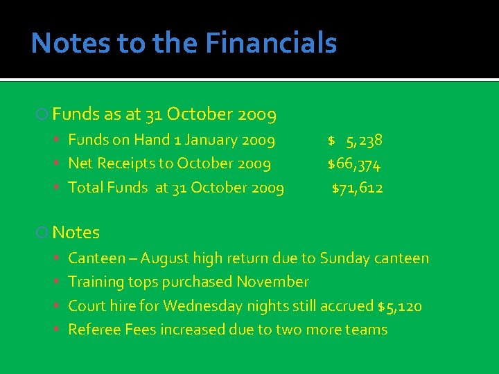 Notes to the Financials Funds as at 31 October 2009 Funds on Hand 1