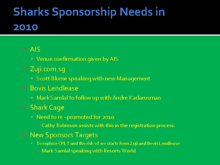 Sharks Sponsorship Needs in 2010 AIS ▪ Venue confirmation given by AIS Zuji. com.