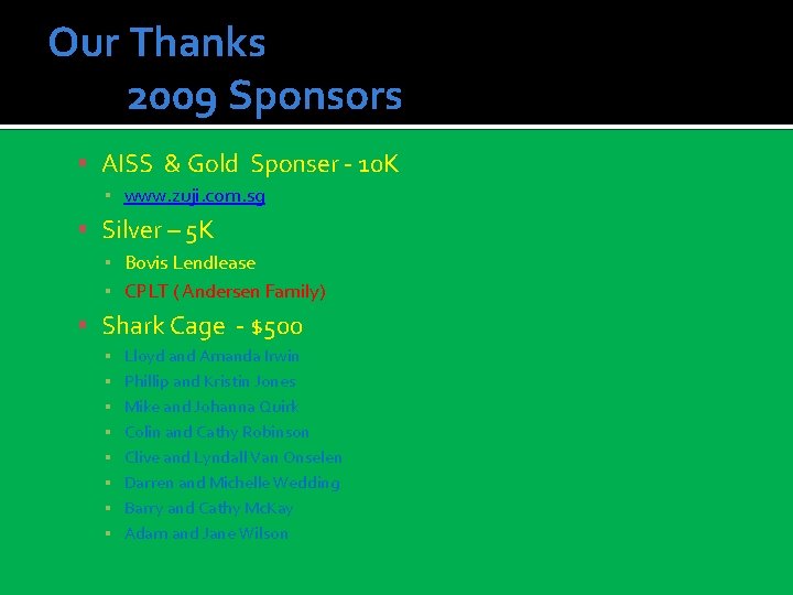 Our Thanks 2009 Sponsors AISS & Gold Sponser - 10 K ▪ www. zuji.