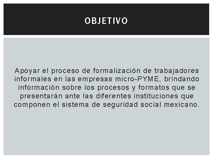 OBJETIVO Apoyar el proceso de formalización de trabajadores informales en las empresas micro-PYME, brindando