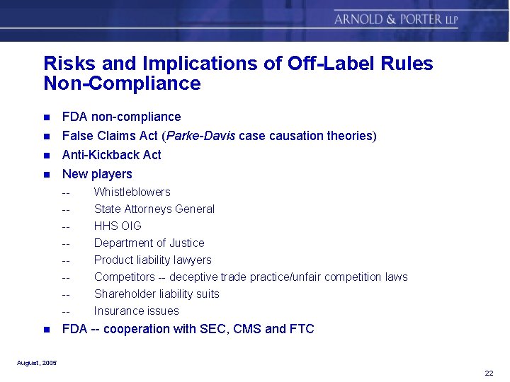 Risks and Implications of Off-Label Rules Non-Compliance n FDA non-compliance n n False Claims