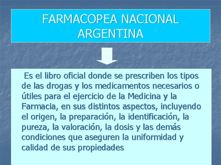 FARMACOPEA NACIONAL ARGENTINA Es el libro oficial donde se prescriben los tipos de las