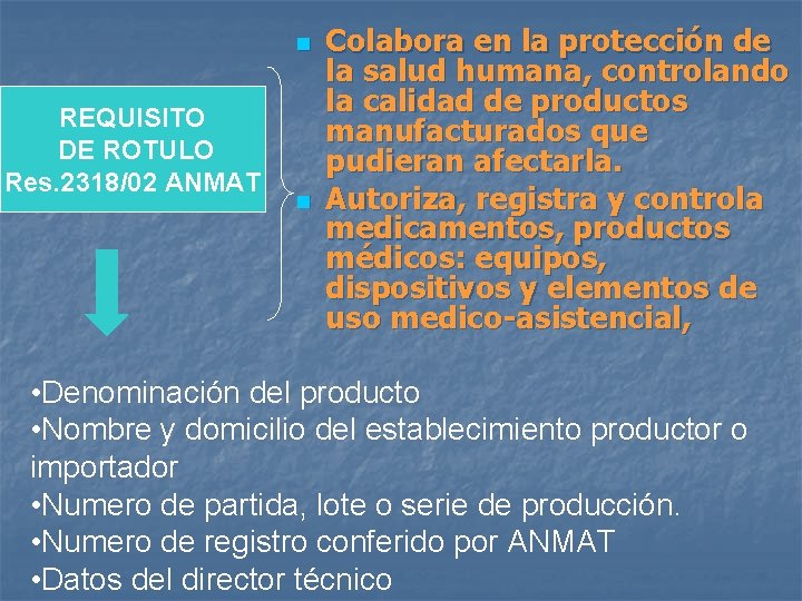 n REQUISITO DE ROTULO Res. 2318/02 ANMAT n Colabora en la protección de la