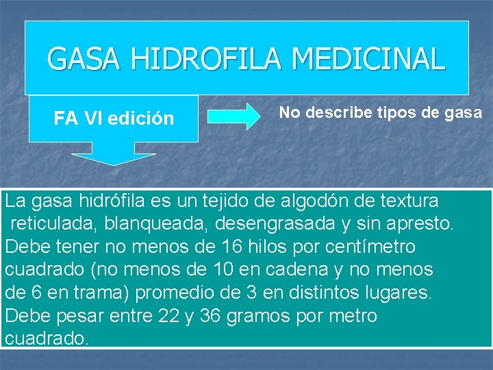 GASA HIDROFILA MEDICINAL FA VI edición No describe tipos de gasa La gasa hidrófila