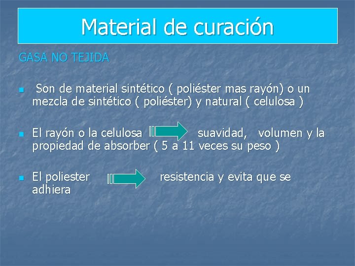 Material de curación GASA NO TEJIDA n n n Son de material sintético (