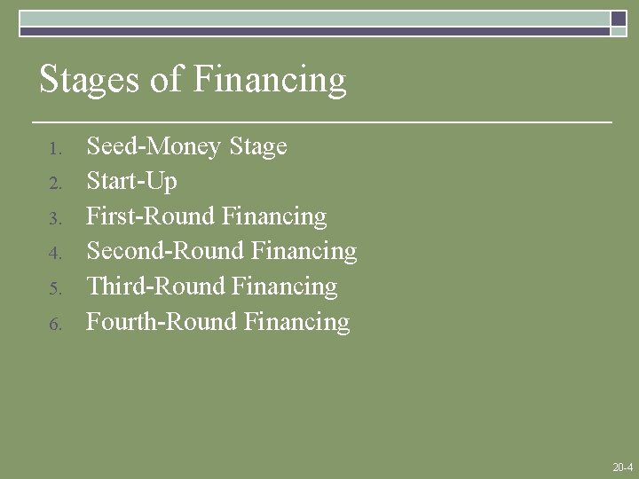 Stages of Financing 1. 2. 3. 4. 5. 6. Seed-Money Stage Start-Up First-Round Financing