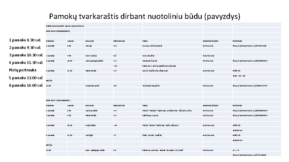 Pamokų tvarkaraštis dirbant nuotoliniu būdu (pavyzdys) 8 SPECIALIOJI KLASĖ : klasės vadovė Rūta B.